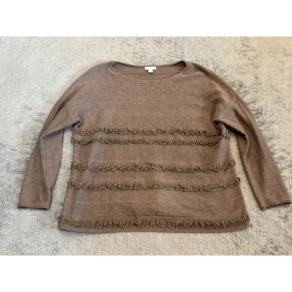 J Jill Sweater Womens XS Fringe Taupe Cotton/Rayon Long Sleeve Pullover